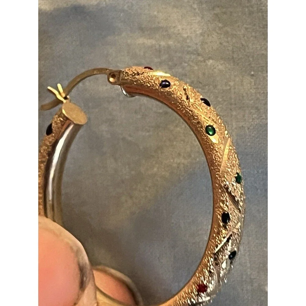 14K YELLOW GOLD MULTI-COLOR DROP  EARRINGS RED GREEN BLUE  HOOP LOOP 6.2G GRAM